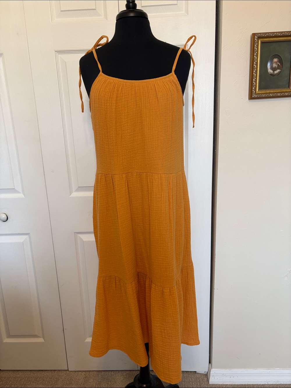 NWT VERYJ Sleeveless Tie-Strap Midi Dress in Mustard. Size Small.
